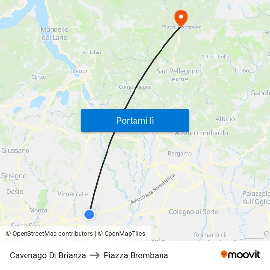 Cavenago Di Brianza to Piazza Brembana map