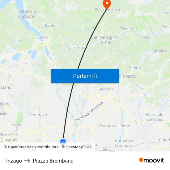 Inzago to Piazza Brembana map
