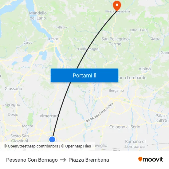 Pessano Con Bornago to Piazza Brembana map