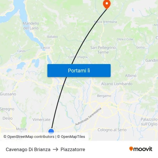 Cavenago Di Brianza to Piazzatorre map