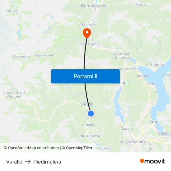 Varallo to Piedimulera map