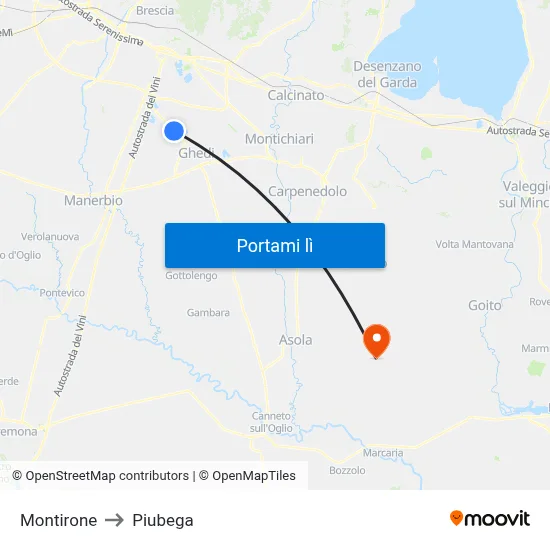 Montirone to Piubega map