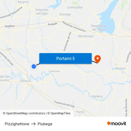 Pizzighettone to Piubega map