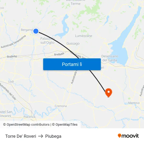 Torre De' Roveri to Piubega map