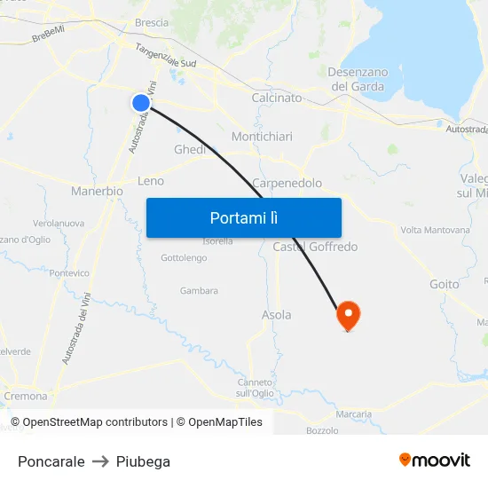 Poncarale to Piubega map
