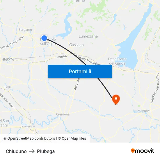 Chiuduno to Piubega map