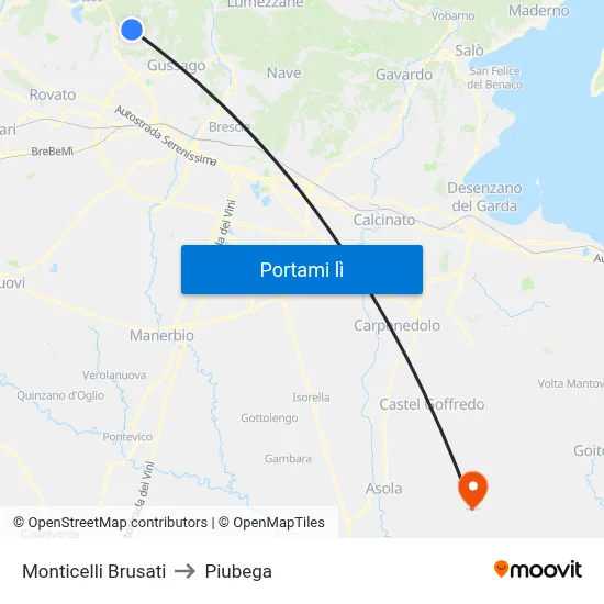 Monticelli Brusati to Piubega map