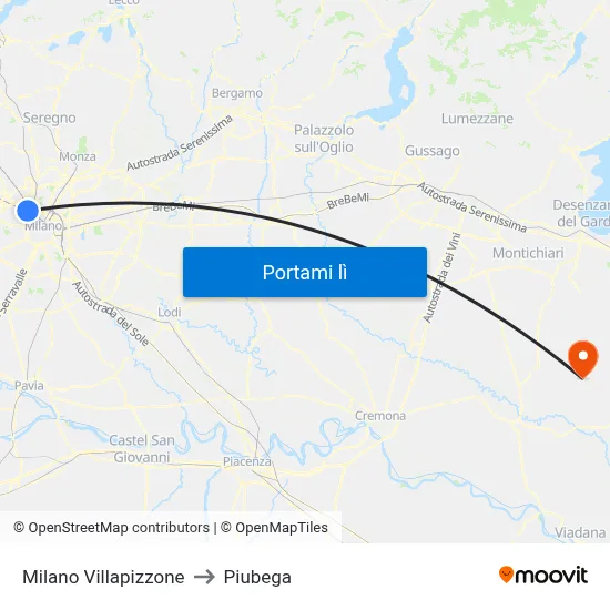 Milano Villapizzone to Piubega map