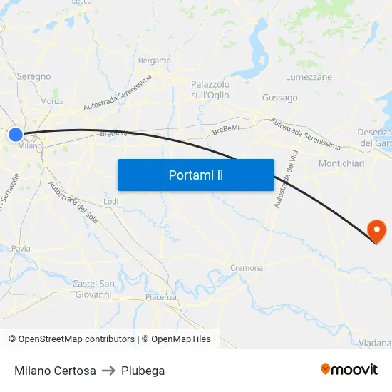 Milano Certosa to Piubega map