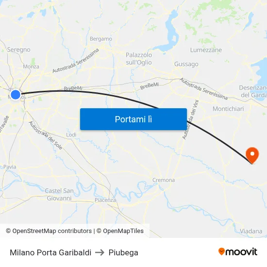 Milano Porta Garibaldi to Piubega map
