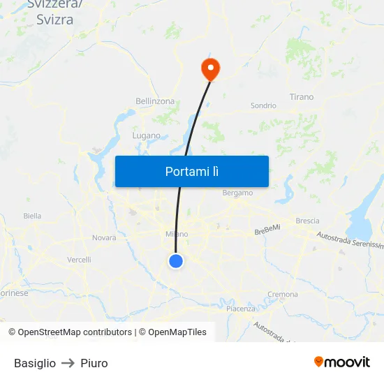 Basiglio to Piuro map