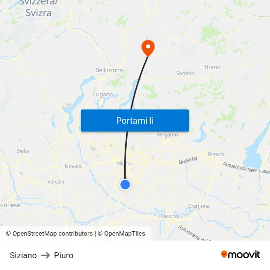 Siziano to Piuro map