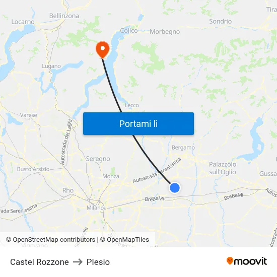 Castel Rozzone to Plesio map