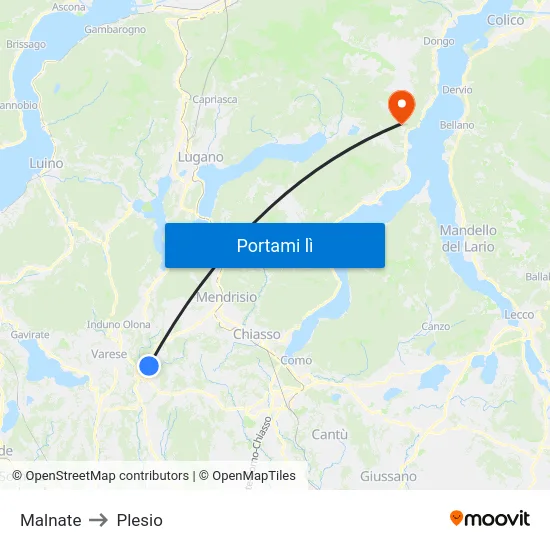 Malnate to Plesio map