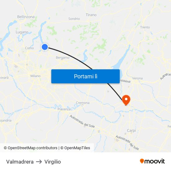 Valmadrera to Virgilio map