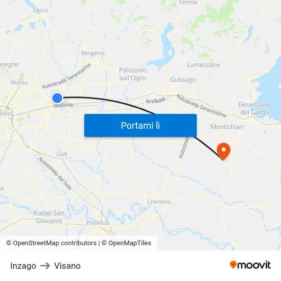 Inzago to Visano map