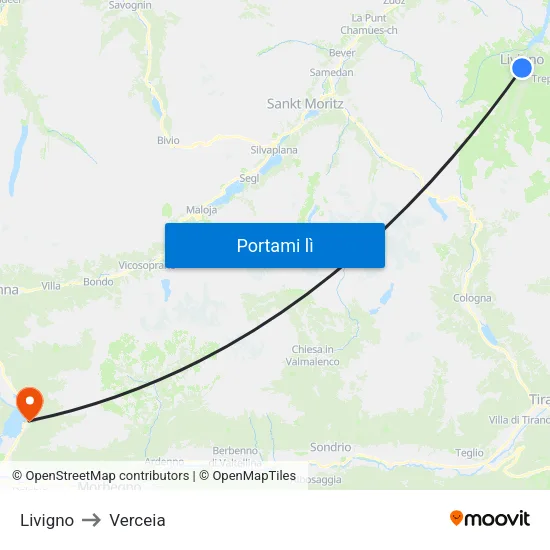 Livigno to Verceia map