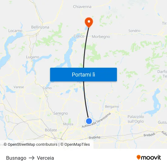 Busnago to Verceia map