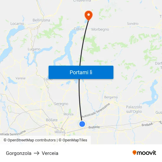 Gorgonzola to Verceia map