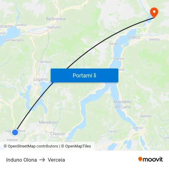 Induno Olona to Verceia map