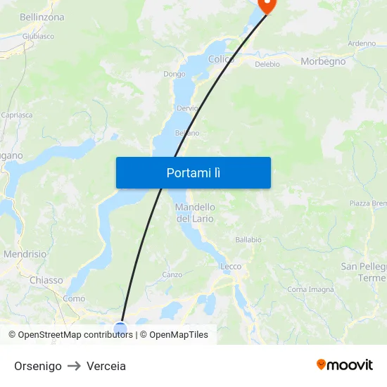 Orsenigo to Verceia map