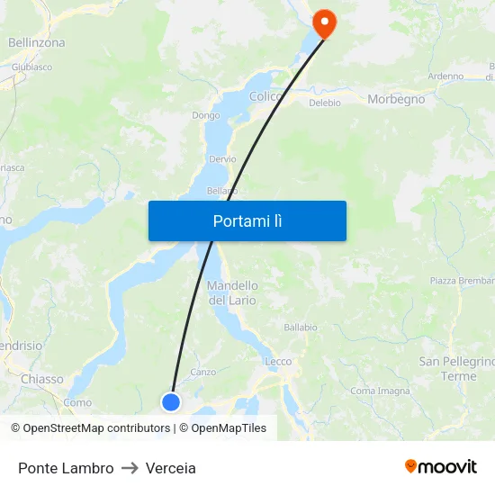 Ponte Lambro to Verceia map