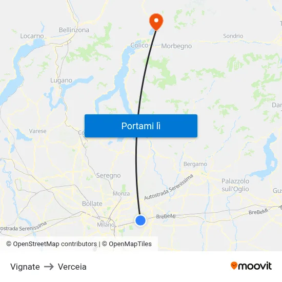 Vignate to Verceia map