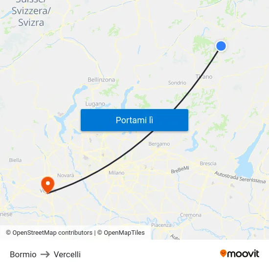 Bormio to Vercelli map