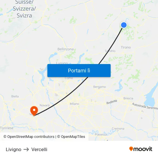 Livigno to Vercelli map
