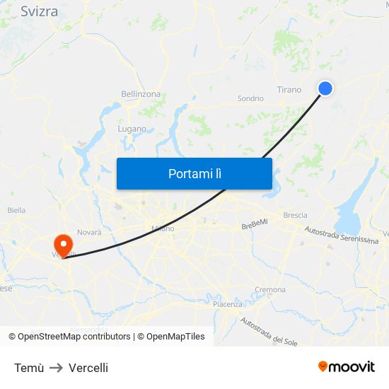 Temù to Vercelli map