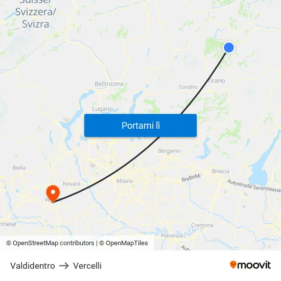Valdidentro to Vercelli map
