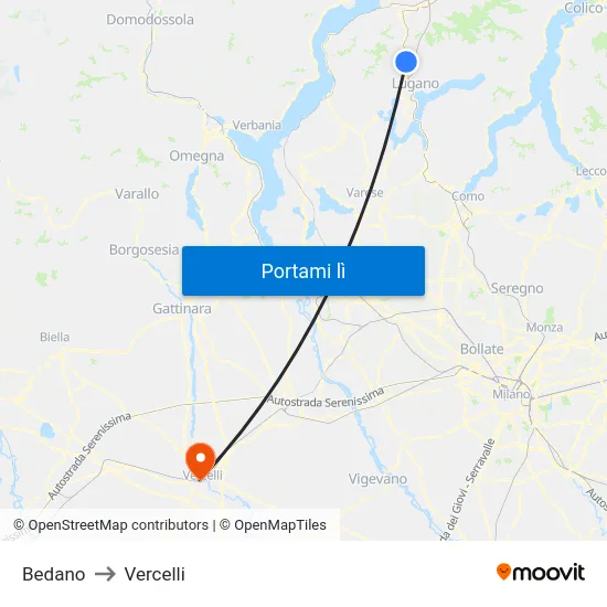 Bedano to Vercelli map