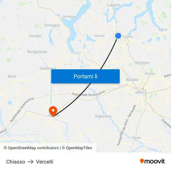 Chiasso to Vercelli map