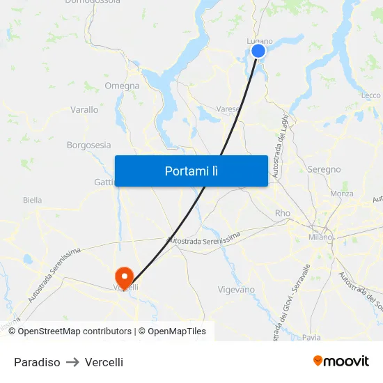Paradiso to Vercelli map