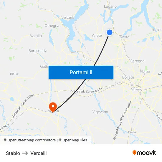 Stabio to Vercelli map