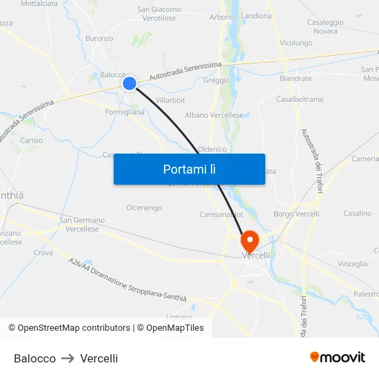 Balocco to Vercelli map