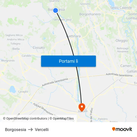 Borgosesia to Vercelli map