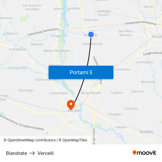 Biandrate to Vercelli map