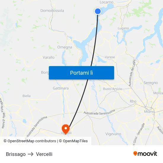 Brissago to Vercelli map