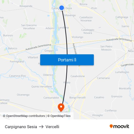 Carpignano Sesia to Vercelli map