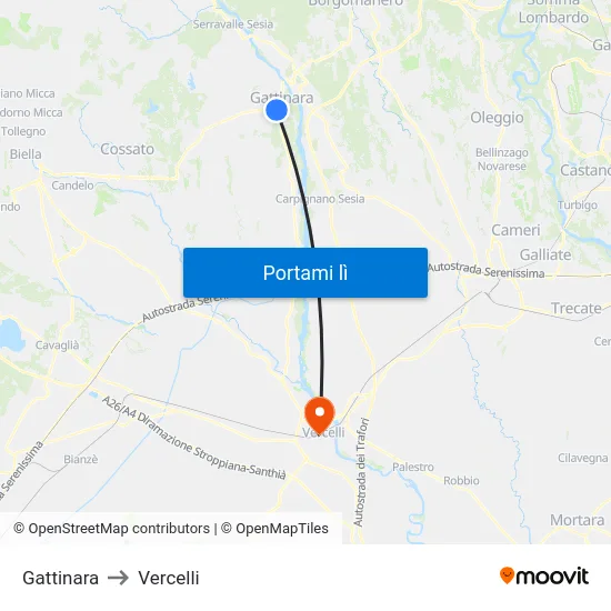 Gattinara to Vercelli map