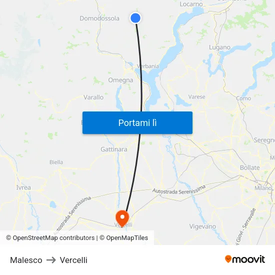 Malesco to Vercelli map