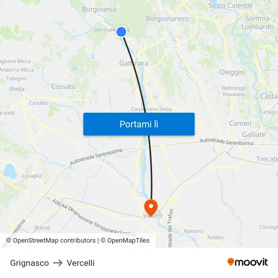 Grignasco to Vercelli map