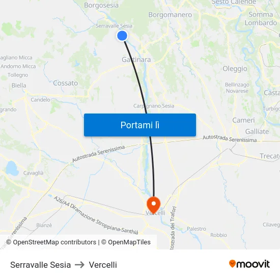 Serravalle Sesia to Vercelli map