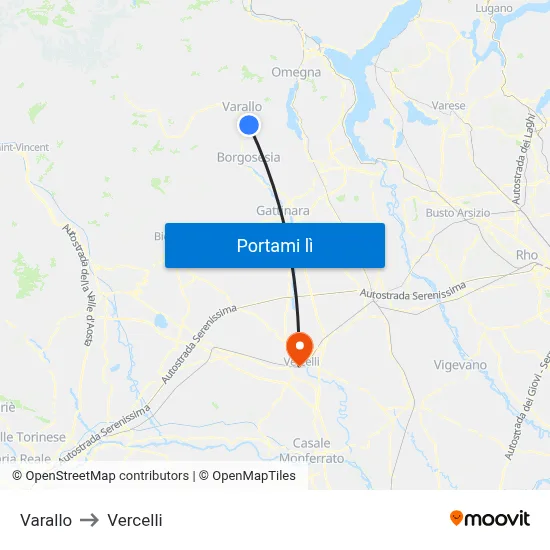 Varallo to Vercelli map