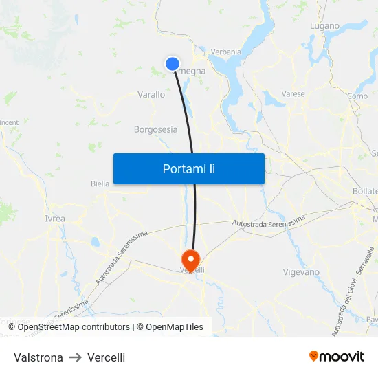 Valstrona to Vercelli map
