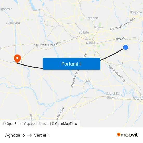 Agnadello to Vercelli map
