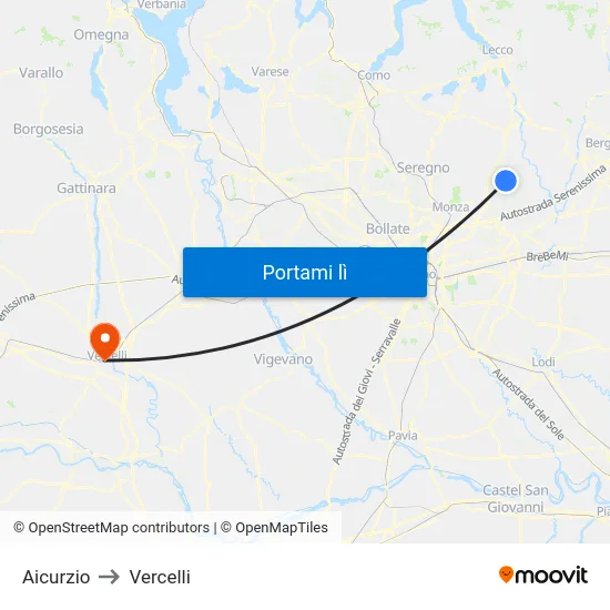 Aicurzio to Vercelli map