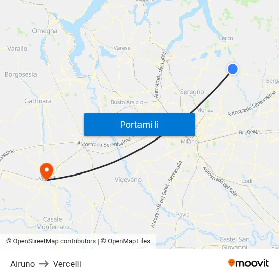 Airuno to Vercelli map