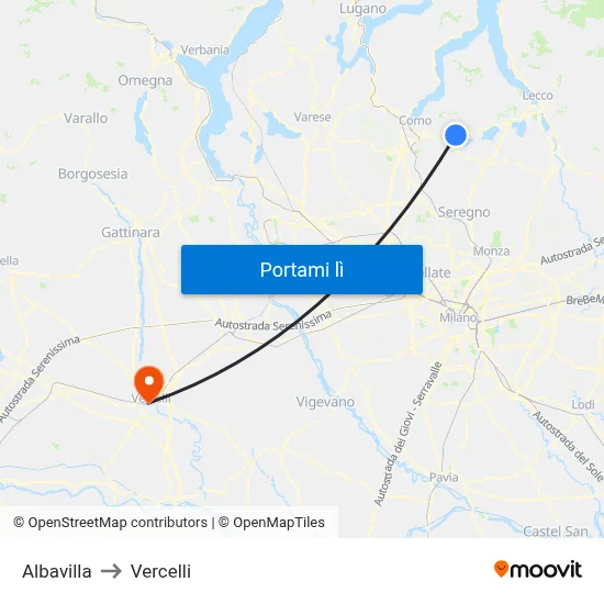 Albavilla to Vercelli map